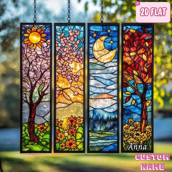 BUY 1 GET 4 - Set Four Seasons ACRYLIC Faux Stained Glass Window Panel, Colorful Landscape Hanging Decor Gift for Nature Lovers, Home Accent