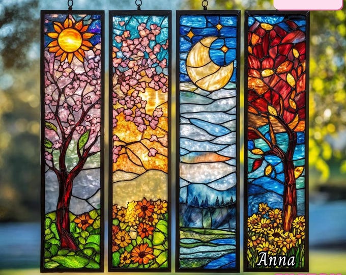 BUY 1 GET 4 - Set Four Seasons ACRYLIC Faux Stained Glass Window Panel, Colorful Landscape Hanging Decor Gift for Nature Lovers, Home Accent