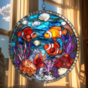 Clownfish Acrylic Suncatcher, Faux Stained Glass Ocean Window Decor with Coral Reef & Sea Shells, Marine Gift for Beach Lovers