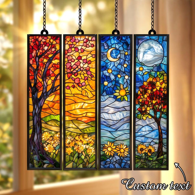 BUY 1 GET 4 - Set Four Seasons ACRYLIC Faux Stained Glass Window Panel, Colorful Landscape Hanging Decor Gift for Nature Lovers, Home Accent image 5