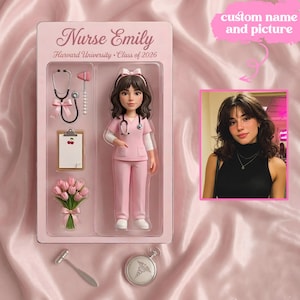 May include: A pink nurse figurine in a display case, labelled "Nurse Emily" with "Harvard University Class of 2026." Accessories include a stethoscope, hammer, clipboard, and a bouquet of pink tulips. A photo of a woman is in the corner.