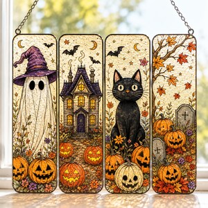 Halloween Stained Glass Suncatcher Window Hanging Art Decor | Spooky Ghost Black Cat Haunted House Pumpkin Faux Acrylic Panel Gift