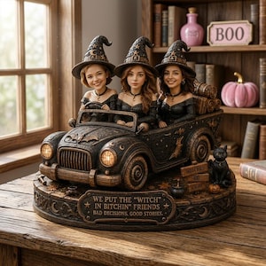 Può includere: Una statuetta decorativa con tre figure con cappelli da strega e abiti neri su un'auto scura e decorata. La base riporta il testo: WE PUT THE "WITCH" IN BITCHIN' FRIENDS. BAD DECISIONS. GOOD STORIES. Un piccolo gatto nero siede accanto.