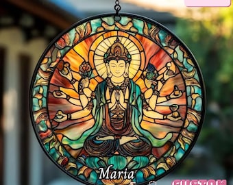Thousand-Armed Avalokiteshvara Faux Stained Glass Suncatcher, Buddhist Window Decor, Quan Yin Spiritual Gift for Altar or Meditation Space