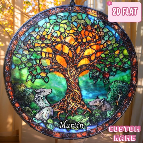 Norse Tree of Life Faux Stained Glass Suncatcher Round Window Hanging, Yggdrasil Viking Decor Gift for Him or Pagan Home