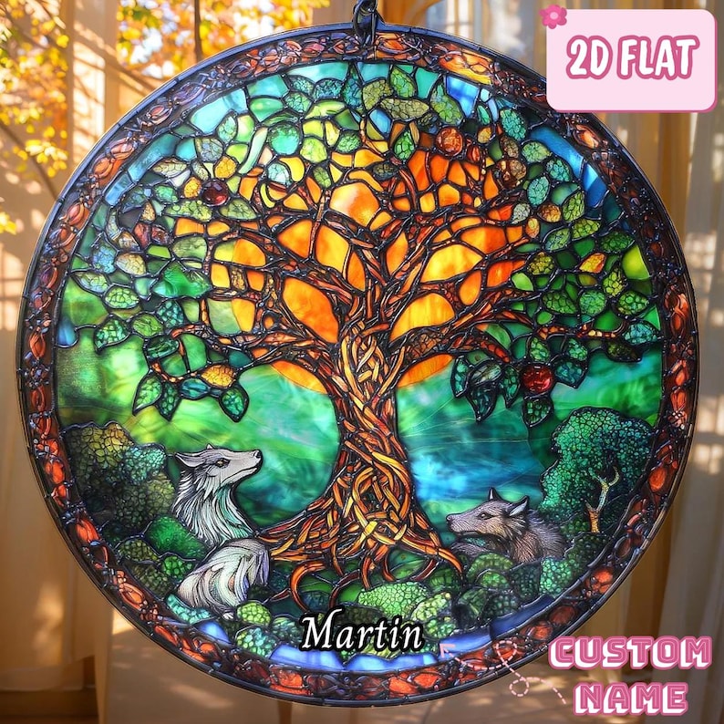 Norse Tree of Life Faux Stained Glass Suncatcher Round Window Hanging, Yggdrasil Viking Decor Gift for Him or Pagan Home image 1