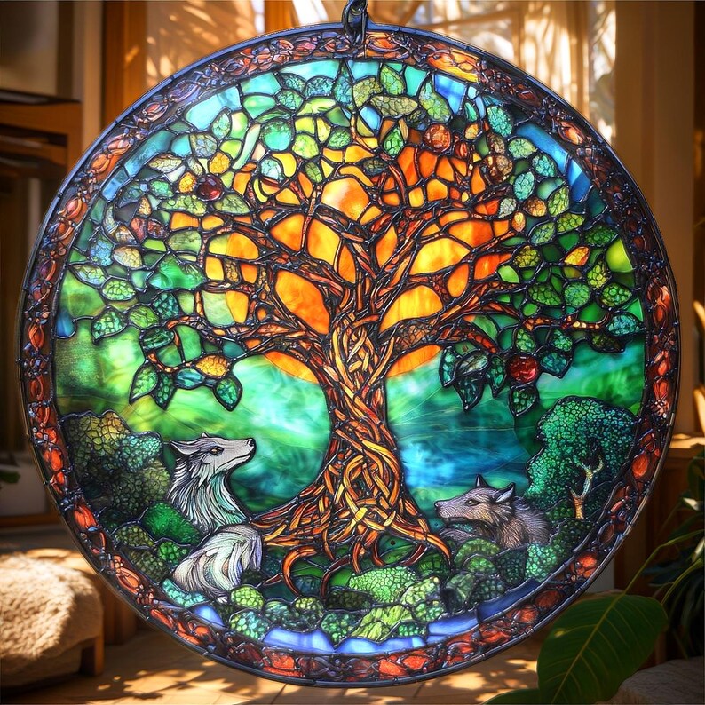 May include: A circular stained glass window depicting a tree with an orange and yellow canopy, green leaves, and a brown trunk. Two wolves are at the base of the tree, surrounded by green foliage. The panel has a decorative border with blue, orange, and green accents.