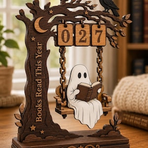 Personalized Ghost Reading Tracker, Wooden Books Read Counter, Library Shelf Decor