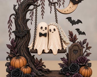 Puede incluir: Una figura decorativa con dos fantasmas en un columpio suspendido de un árbol oscuro. Un fantasma lleva una pajarita negra, el otro un velo de encaje. La base incluye calabazas naranjas, rosas oscuras, una lápida y una placa con Liam & Olivia.