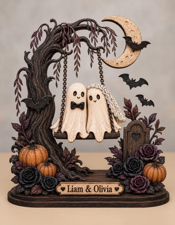 Personalized Halloween Ghost Couple Wooden Block, Gothic Wedding Decor, Spooky Love Desk Sign