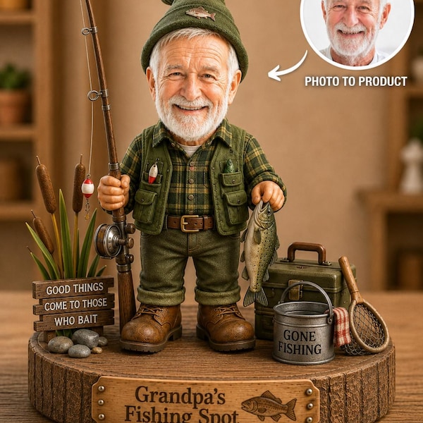 Bloque de madera personalizado para abuelo pescador: figura de pescador con foto personalizada.