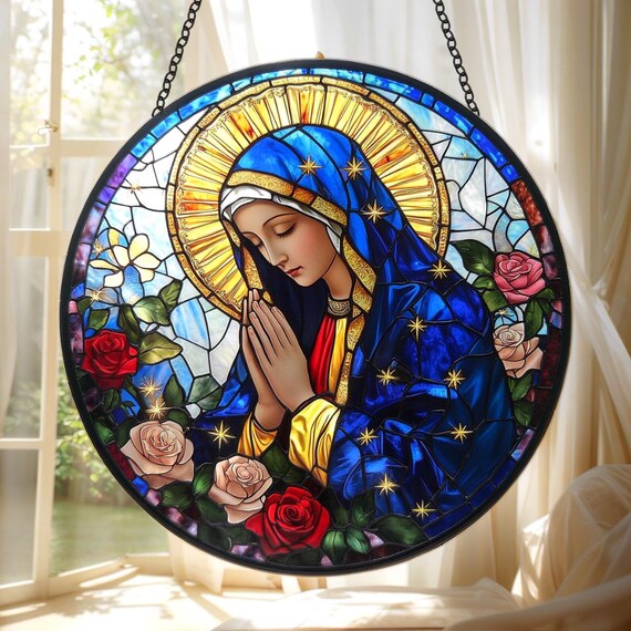 聖母マリアのバラのアクリル製サンキャッチャー、フェイクステンド