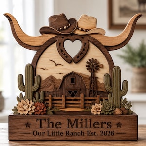 Personalized Western Ranch Wooden Table Block, Custom Family Name Farm Sign, Rustic Cowboy Home Decor, Longhorn Ranch Shelf Block