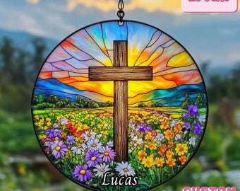 Sunrise Cross in Wildflowers Field ACRYLIC Faux Stained Glass Suncatcher – Christian Window Hanging – Memorial Gift for Faith & Comfort