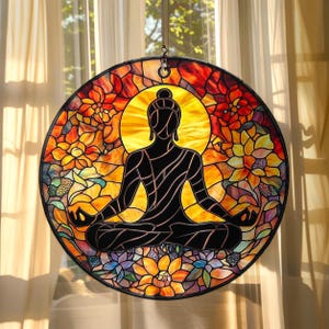 Lotus Boeddha Zen ACRYL Faux glas-in-lood raamdecoratie – cadeau spirituele meditatie – vreedzame kunst voor yoga- en wellnessruimtes