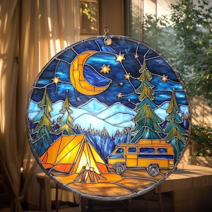 Camping Night Acrylic Faux Stained Glass Suncatcher Faux Stained Glass Window Hanging, Crescent Tent Mountain Decor Gift for Nature Lovers