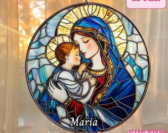 聖母マリアと子供のステンドグラスアート - 家や教会の装飾に最適な