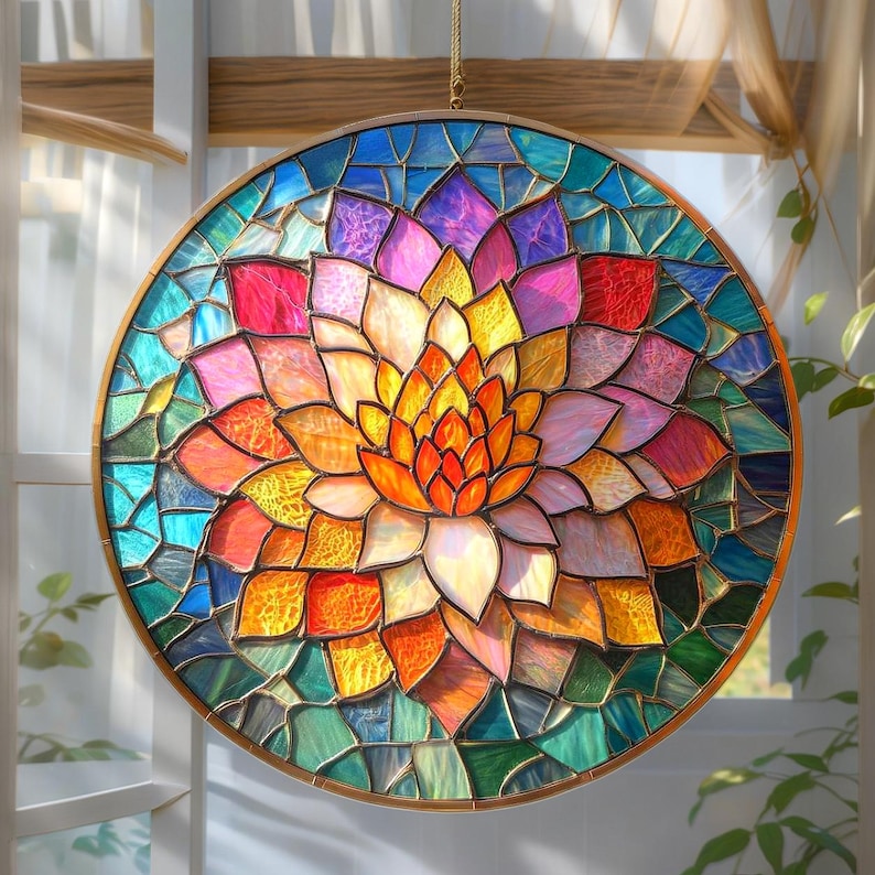 May include: A round stained glass window with a floral design. The window features a vibrant array of colors, including orange, yellow, pink, blue, and green. The glass is set in a gold-colored metal frame, creating a decorative piece for home decor.