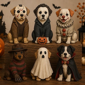 Puede incluir: Seis figuras de perros disfrazados para Halloween. Fila superior: un perro con máscara de hockey, un perro con chaqueta oscura y calabaza, y un perro de payaso. Fila inferior: un perro con suéter a rayas y sombrero, un perro de fantasma y un perro con capa.