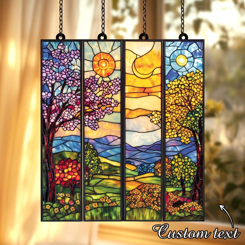 BUY 1 GET 4 - Set Four Seasons ACRYLIC Faux Stained Glass Window Panel, Colorful Landscape Hanging Decor Gift for Nature Lovers, Home Accent image 4