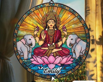 Lakshmi Goddess Acrylic Faux Stained Glass Suncatcher Window Decor – Hindu Spiritual Art – Diwali Gift for Women & Home Blessing