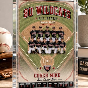 May include: A clear acrylic block featuring a baseball team photo. The image includes the text "8U Wildcats All Stars Season 2026" in red and white. Below the team photo is "Coach Mike - Best Coach Ever".