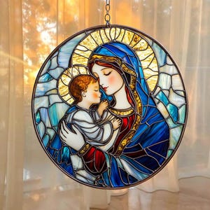 Virgin Mary And Baby Jesus Acrylic Faux Stained Glass Window Hanging, Round Religious Suncatcher Catholic Gift For Mom Or Baptism Decor