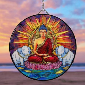 Zen Boeddha en olifant acryl nep glas-in-lood zonnevanger – Lotus raam hangend voor spiritueel huis, cadeau voor yoga- en meditatieliefhebbers