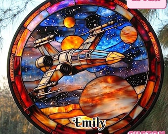 Space Acrylic Suncatcher, Starfighter X-wing Faux Stained Glass Window Hanging, Home Decor Gift for Sci-Fi Lovers, Star War Fans