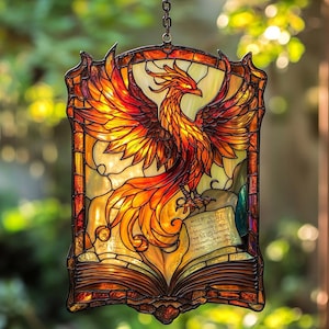 Phoenix Acrylic Faux Stained Glass Suncatcher - Fiery Window Hanging with Open Spellbook, Mystical Fantasy Decor Gift for Halloween or Yule
