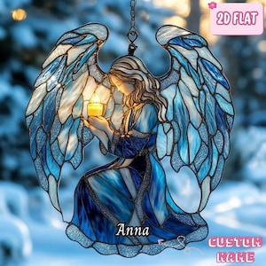 Ángel guardián azul de invierno, atrapasol acrílico, ángel arrodillado, imitación de vidriera, regalo conmemorativo con vela para mamá.