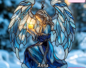 Blue Winter Guardian Angel Acrylic Suncatcher, Kneeling Angel Faux Stained Glass Window Hanging, Memorial Candle Light Gift For Mom