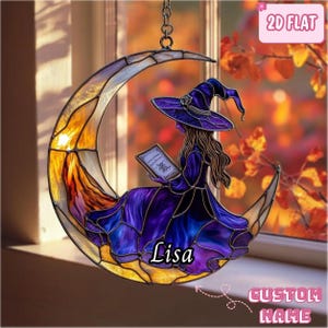 Hexe auf Mond Acryl Faux Glasmalerei Suncatcher, lila magische Fensterdekoration für Halloween, Geschenk oder mystisch
