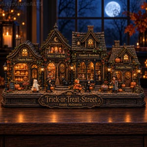 May include: A detailed Trick-or-Treat Street Halloween village display featuring four illuminated buildings: Pumpkin Bakery, Witch's Candy Shop, Haunted Bookshop, and Pumpkin House. Small figures in costumes stand on the sidewalk with pumpkins.