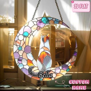 Calico Cat Crescent Moon Acrylic Suncatcher Window Hanging - Celestial Boho Decor Gift for Cat Lovers and Home Charm
