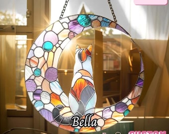 Calico Cat Crescent Moon Acrylic Suncatcher – Celestial Window Decor