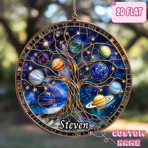 Celestial Planet Tree Acrylic Suncatcher - Round Faux Stained Glass Solar System Window Hanging - Galaxy Decor Gift For Kids or Him