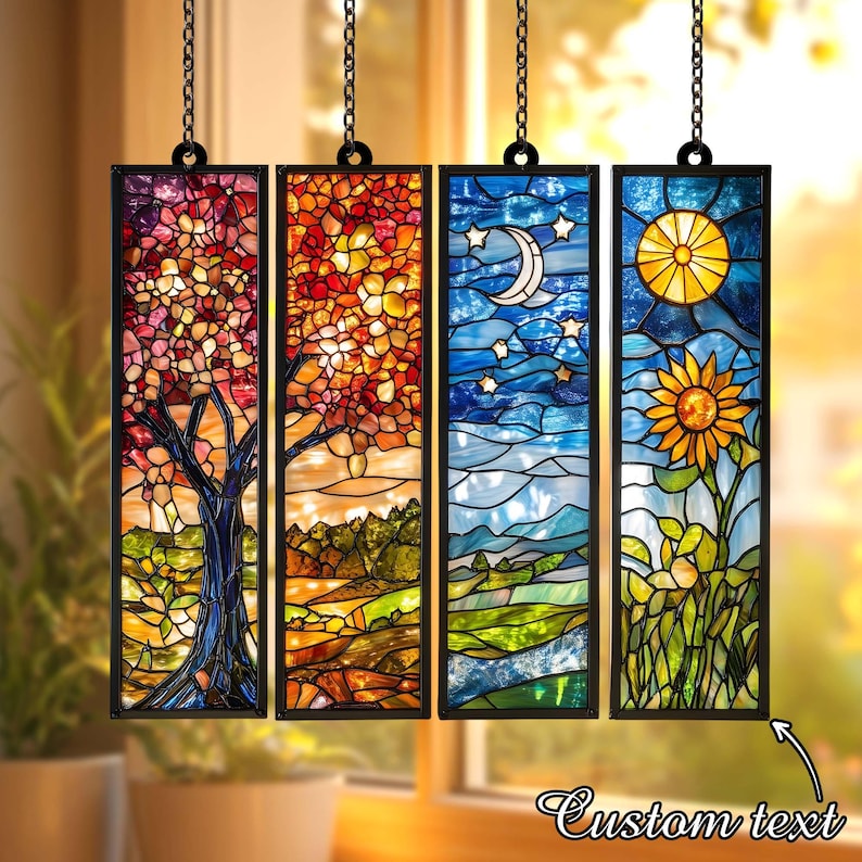 BUY 1 GET 4 - Set Four Seasons ACRYLIC Faux Stained Glass Window Panel, Colorful Landscape Hanging Decor Gift for Nature Lovers, Home Accent image 8
