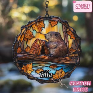 Gemütlicher Wald Beaver ACRYL Faux Buntglas Fensterschmuck - Rustikaler Herbst Tier Suncatcher - Cabin Decor Geschenkidee