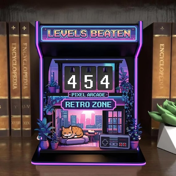 Personalized Wooden Book Tracker: Retro Gaming Neon Decor, Reading Counter