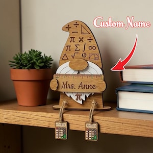 May include: Wooden gnome figurine with a math-themed hat and ruler beard. The hat features math symbols, and the beard is a ruler with the name "Mrs. Anne". Small calculator charms hang from the gnome's legs. A succulent plant in a terracotta pot is to the left.