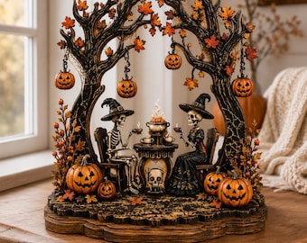 Gothic Skeleton Couple Halloween Sculpture, Haunted Harvest Tree Scene, Witchy Decor, Fall Mantelpiece & Home Table Ornament