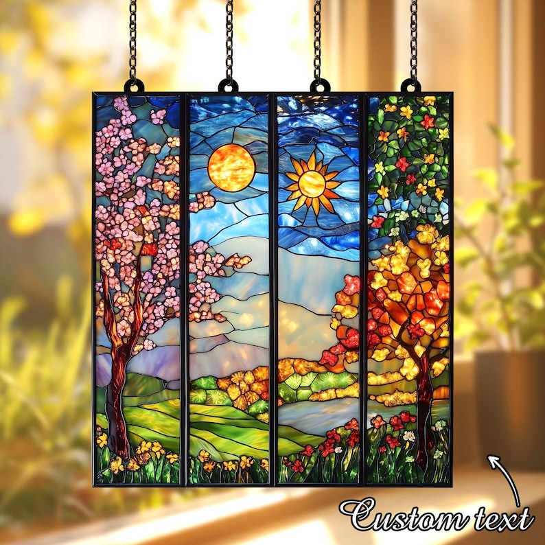 BUY 1 GET 4 - Set Four Seasons ACRYLIC Faux Stained Glass Window Panel, Colorful Landscape Hanging Decor Gift for Nature Lovers, Home Accent image 6