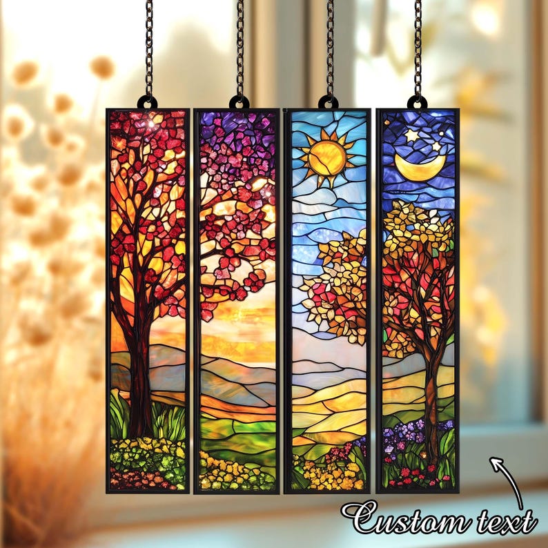 BUY 1 GET 4 - Set Four Seasons ACRYLIC Faux Stained Glass Window Panel, Colorful Landscape Hanging Decor Gift for Nature Lovers, Home Accent image 7