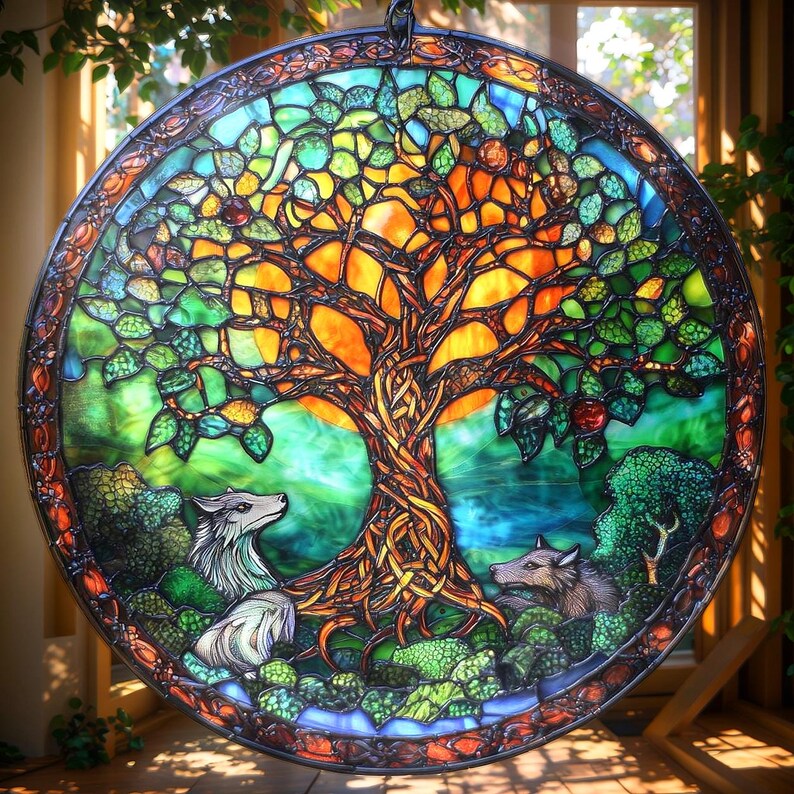 May include: A circular stained glass window depicting a tree with an orange and yellow canopy, green leaves, and a brown trunk. Two wolves are at the base of the tree, surrounded by green foliage. The window has a dark border.