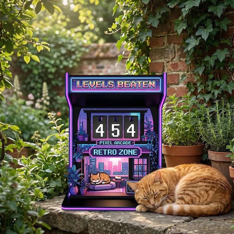 May include: A retro-style arcade machine with the text "LEVELS BEATEN" and "RETRO ZONE". The machine displays the number 454 and a pixelated city scene. An orange tabby cat is curled up asleep in front of the machine.