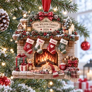 Könnte beinhalten: Ein Weihnachtsbaumschmuck in Form eines Steinkamins mit brennendem Feuer, vier Strümpfen mit den Namen Dad, Mom, Emma und Noah, einem schlafenden Welpen, einem Teddybären, Geschenken und einem Schild mit der Aufschrift The Wilson Family Home for Christmas 2026.