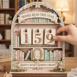 Könnte beinhalten: Ein holzgeschnitzter Kalender in Form eines Bücherregals mit dem Text "BOOKS READ THIS YEAR" und "Daisy's Secret Garden Library." Der Kalender zeigt die Zahl 159. Er hat Blumen- und Schmetterlingsverzierungen und Miniaturbücher.