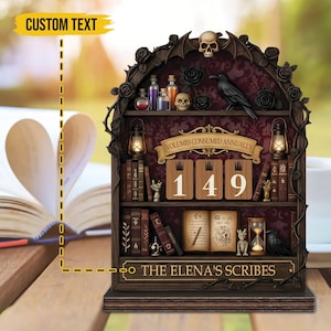 May include: A dark wooden bookshelf with a gothic theme, featuring a skull, raven, and roses. It has shelves with books, bottles, and a counter displaying "149". The text "VOLUMES CONSUMED ANNUALLY" and "THE ELENA'S SCRIBES" are also visible.