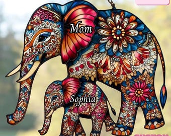 Boho Elephant Acrylic Suncatcher, Floral Mother Baby Mandala Faux Stained Glass Window Hanging Ornament, Home Decor Gift For Mom
